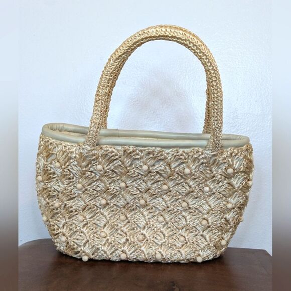 VTG Raffia Beaded Purse Eclectic Grandma Coastal Countryside Fairy Garden Girl - Picture 1 of 9